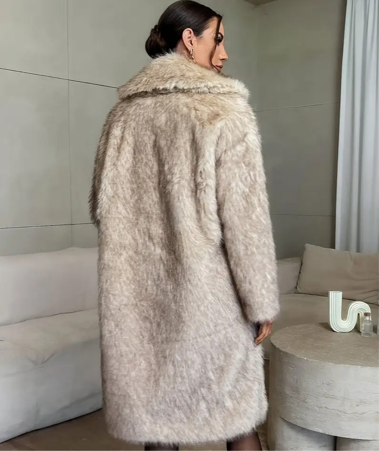 Eleganter Damen-Langarm-Furzmantel - Einfarbig Beige, Knopfleiste, Flauschig gefüttert