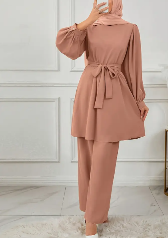 Damen Einfarbiger Rundhals-Laternenärmel-Top und Hosen im Arabischen Stil Set, Nur Kleidung, Ohne Kopfbedeckung