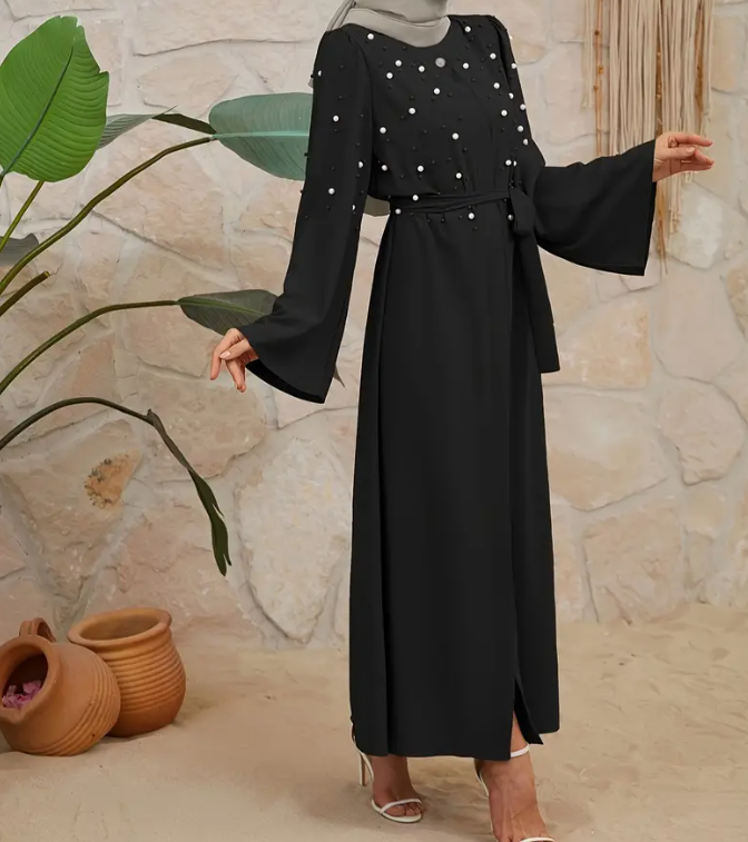 Elegantes Raglan-Arm-Maxi-Kleid mit Perlen für Damen - Schwarz mit weißen Perlen, eingezogener Bund, fließender Stil für alle Jahreszeiten, perlenbesetzte Eleganz | Fließende Tunic | Perlenbesetzte Details