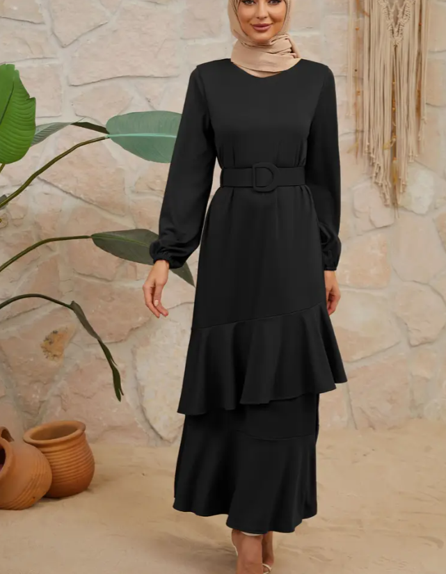 Elegante einfarbige Polyester-Abaya für Frauen - Langärmel, asymmetrischer Saum, Lanterneärmel, Regular-Fit, gewebte Stoff, All-Season mit Gürteldetail