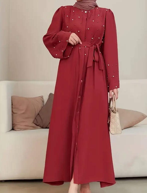 Drift Into Garden Langarm Bead Dress mit Gürtel - Elegante Braune Hijab, Lange Fließende Rock und Bead Detail, Perfekt für alle Jahreszeiten, Allseason Dress | Elegante Hijab | Bead Detailing, Plus Size Dress