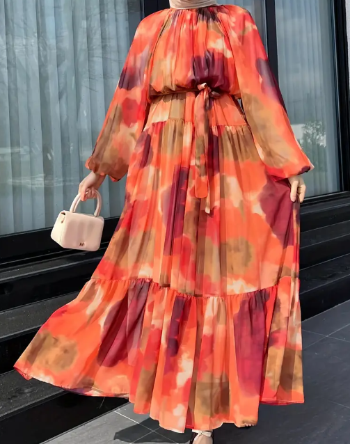 Maxikleid mit Blumenmuster und langen Ärmeln, elegantes Maxikleid mit Rüschenbesatz und Gürtel, Damenbekleidung