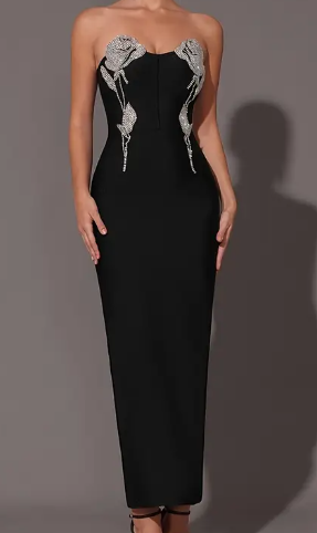 Elegantes Bandeau-Kleid mit Rosen und Strass - Ärmelloses Bodycon-Maxikleid mit Korsett-Rücken