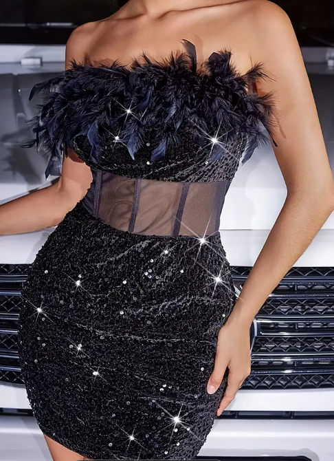 Elegantes Pailletten-Tube-Kleid mit Mesh-Panel & Fischgräten-Korsett, Rückenfreies Design für Partys