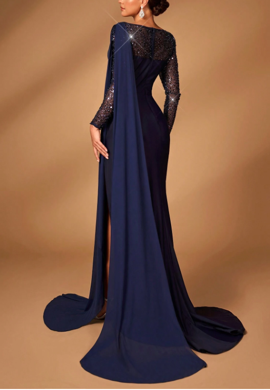 Elegantes luxuriöses lang ärmeliges Kleid aus transparentem Mesh mit Perlenbesatz