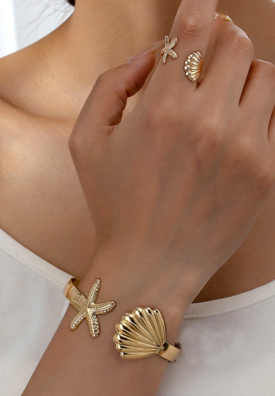 1 Set Sommers Ferien Seestern Muschel Manschette Armreif Offener Ring Set für Frauen
