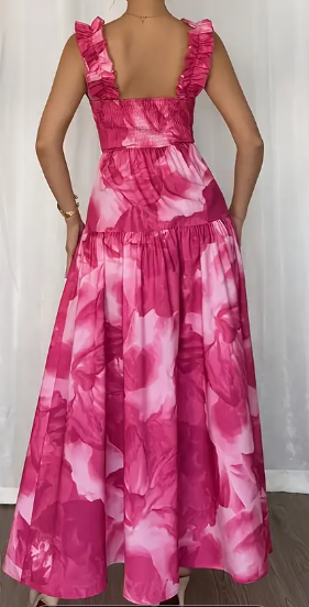 Damens Elegantes Französisch-inspiriertes Quadratisches Halskleid mit Batik-Blumenmuster, Rüschen-Saum & Taillengürtel