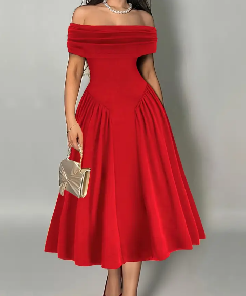 Elegantes, lila, plissiertes Maxikleid mit Off-Shoulder für Damen