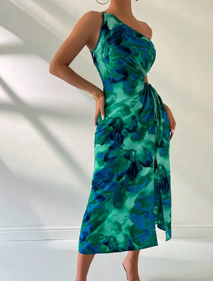 Stilvolles Ein-Schulter Blumenmuster Midi-Kleid mit Seitenschlitz & Bindungsdetail
