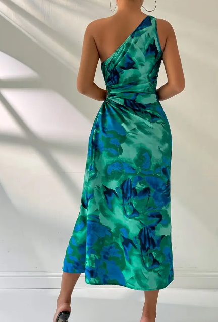 Stilvolles Ein-Schulter Blumenmuster Midi-Kleid mit Seitenschlitz & Bindungsdetail