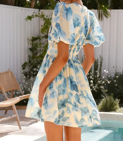 Damens Elegantes Sommerkleid mit Blumenmuster, V-Ausschnitt und Puffärmeln & Taillenbund