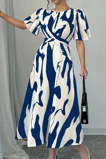 Damens Elegantes Kleid mit asymmetrischem geometrischen Muster und Puffärmeln & Taillenbindung - A-Linien Langkleid für Urlaub