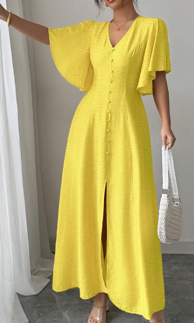 Elegantes V-Ausschnitt A-Line Midi-Kleid für Damen mit Knopf-Details und Puffärmeln