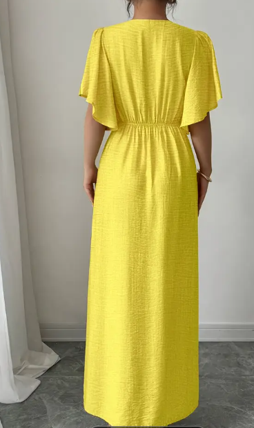 Elegantes V-Ausschnitt A-Line Midi-Kleid für Damen mit Knopf-Details und Puffärmeln