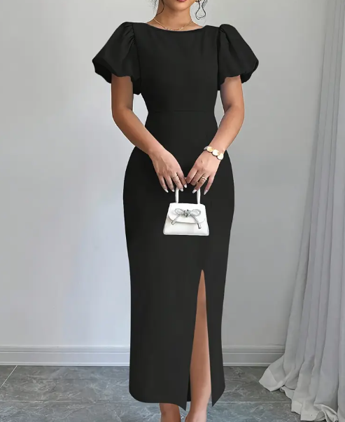 Damen Elegantes Figurbetontes Kleid mit Seitenschlitz - Rundhalsausschnitt Kurzarm