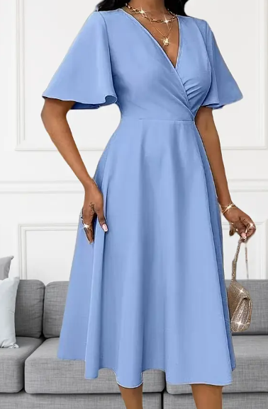 Damens Elegantes V-Ausschnitt Langarm A-Linien Kleid - Unifarben, Atmungsaktiv