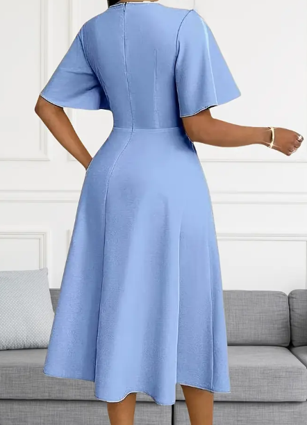 Damens Elegantes V-Ausschnitt Langarm A-Linien Kleid - Unifarben, Atmungsaktiv