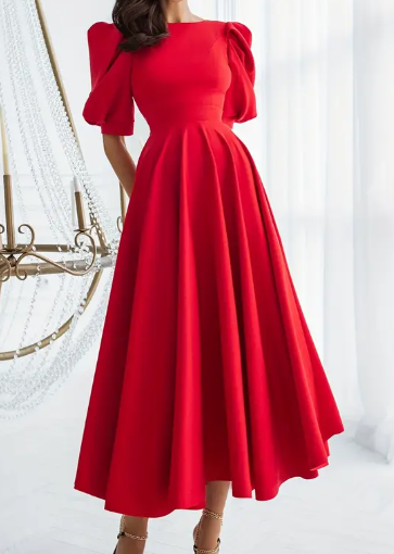 Elegantes rotes Off-Shoulder-Midi-Kleid mit Blasenärmeln - Schicker Peplum-Stil, lange Ärmel, Rundhalsausschnitt