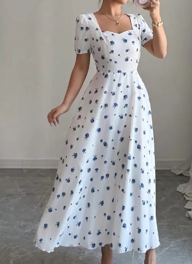Sexy Damenkleid mit Geometrischem Muster - Blau & Weiß, Kurzarm Spaghettiträger
