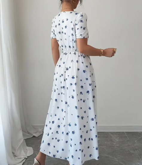 Sexy Damenkleid mit Geometrischem Muster - Blau & Weiß, Kurzarm Spaghettiträger