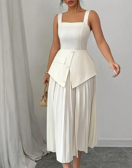 Elegantes Damen-Set mit offener Schulter, quadratischem Ausschnitt und gerüschter Midi-Rockhose mit Knopf-Details - Ärmellos