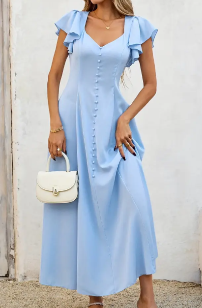 Hellblaues Sommerkleid für Damen mit Rüschen-Ausschnitt & Glockenärmeln