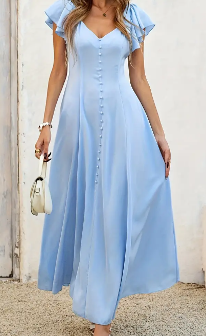 Hellblaues Sommerkleid für Damen mit Rüschen-Ausschnitt & Glockenärmeln