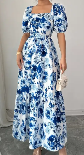 Elegante Langen Kleid mit pflanzlichem Muster und quadratischem Ausschnitt