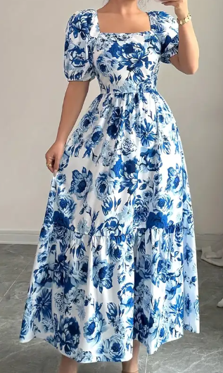 Elegante Langen Kleid mit pflanzlichem Muster und quadratischem Ausschnitt