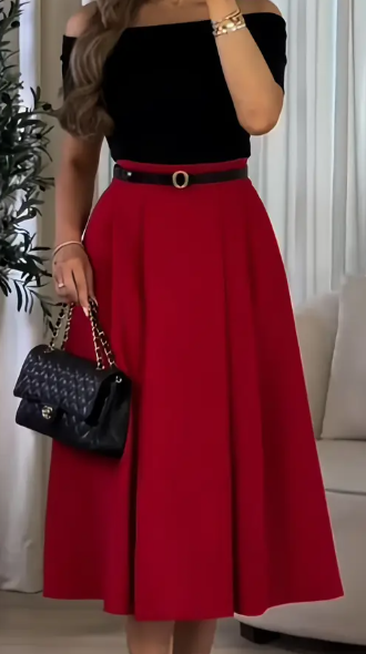 Damen-Off-Shoulder-Plissee-Midi-Kleid - Elegantes rotes, mehrstöckiges Kleid mit Polka-Dot-Detail, perfekt für Partys und Dates (kein Gürtel enthalten)
