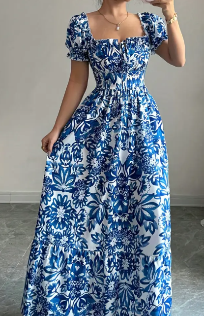 Elegantes Maxi-Kleid mit Blumenmuster für Damen, mit puffernden Ärmeln, offener Schulterdesign, gerüschtem Rücken und Taillenverstärkung
