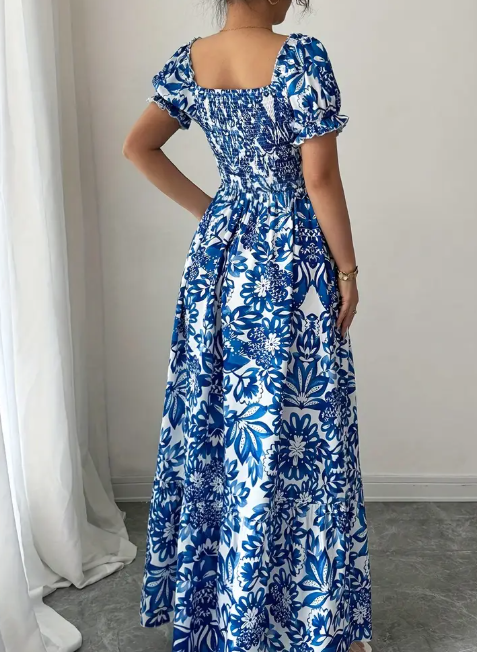 Elegantes Maxi-Kleid mit Blumenmuster für Damen, mit puffernden Ärmeln, offener Schulterdesign, gerüschtem Rücken und Taillenverstärkung
