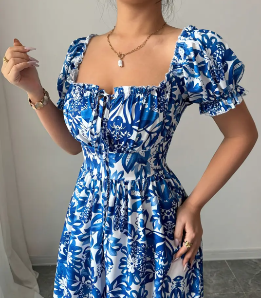 Elegantes Maxi-Kleid mit Blumenmuster für Damen, mit puffernden Ärmeln, offener Schulterdesign, gerüschtem Rücken und Taillenverstärkung