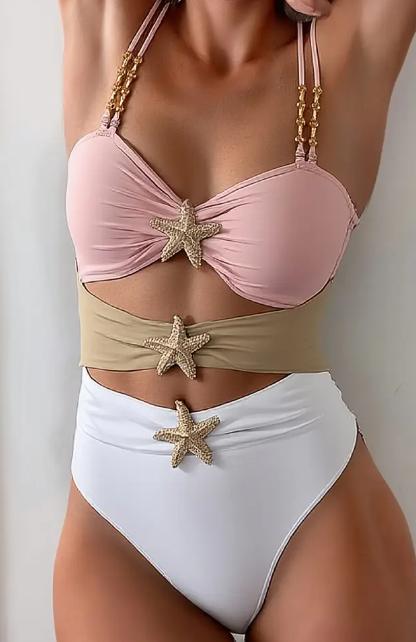 Sexy Einteiliger Badeanzug mit Ausschnitten für Damen - Rosa-Weißes Zweifarbiges Design mit goldenen Kettenriemen und Seestern-Details