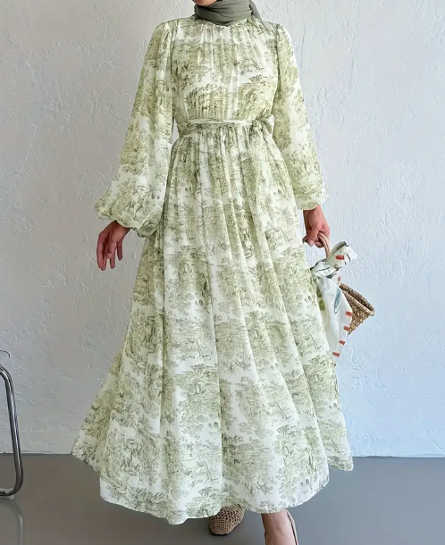 Elegantes Langarm-Maxikleid für Damen mit Blumendruck und Gürtel