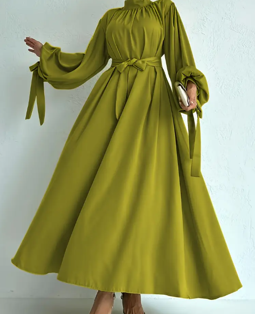 Elegante, grüne Langkleid mit Gürtel für Damen - Einfarbig, All-Season-Outfit
