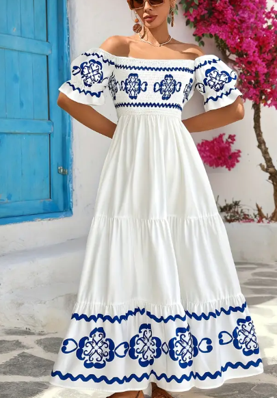 Bohemian Damen-Schulterfreies Langarmkleid mit Blauen Blumenmuster
