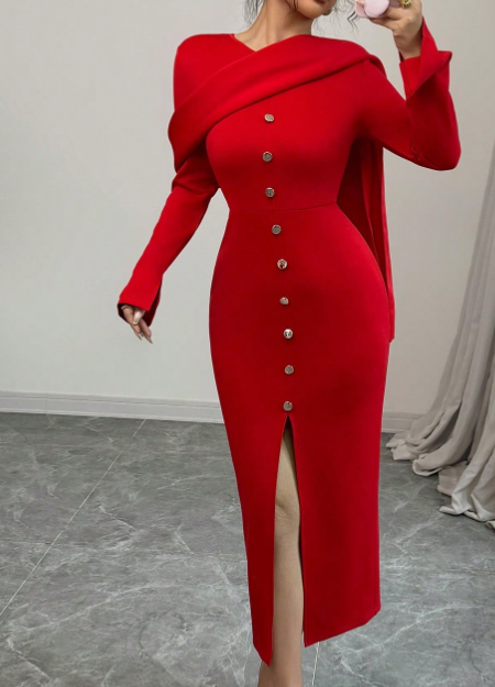 Neues einzigartiges Design Cape Kleid mit Schleifenknöpfen vorne und Schlitz