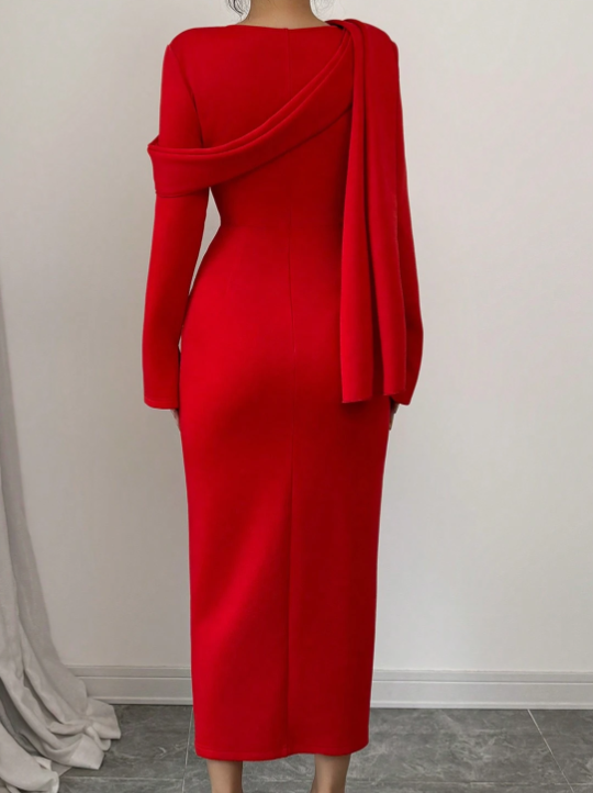 Neues einzigartiges Design Cape Kleid mit Schleifenknöpfen vorne und Schlitz