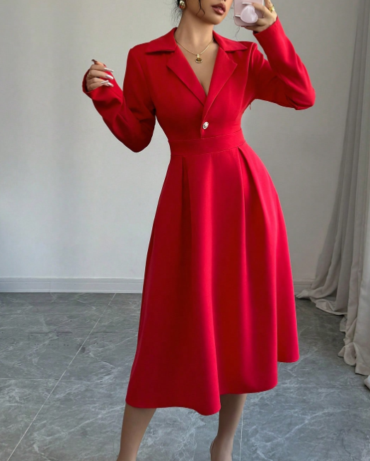 Damen Kleid mit V-Ausschnitt und Glockenärmel, rot für Neujahrsoutfit Maxi Damen