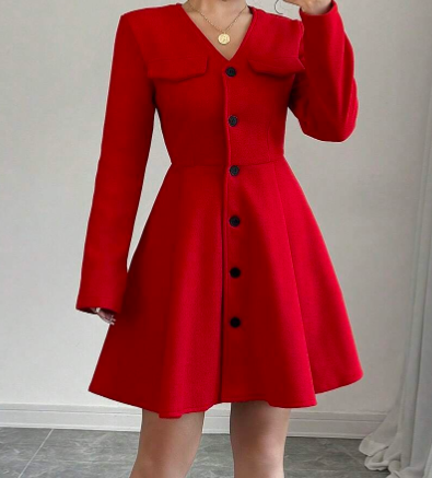 Damen V-Ausschnitt tailliertes elegantes Kleid, Langarm Bekleidung