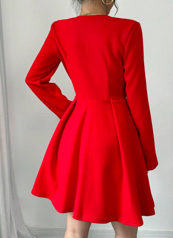 Damen V-Ausschnitt tailliertes elegantes Kleid, Langarm Bekleidung