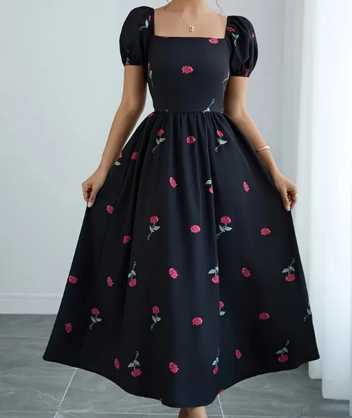 Elefantesches Schwarzes Damenkleid mit Rotem Rosenblumen-Druck - Quadratischer Ausschnitt, Puffärmel & Taillierter Rock, A-Linie