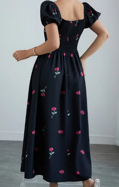 Elefantesches Schwarzes Damenkleid mit Rotem Rosenblumen-Druck - Quadratischer Ausschnitt, Puffärmel & Taillierter Rock, A-Linie