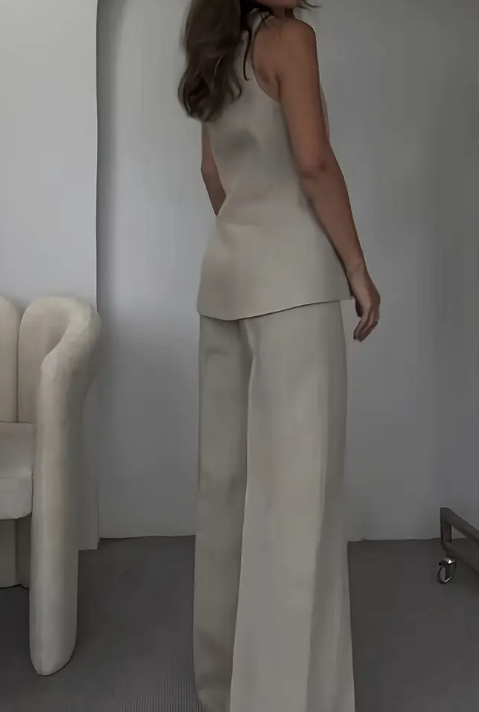 Damen Ärmellose Beige Blazer & Weite Bein Hose Set