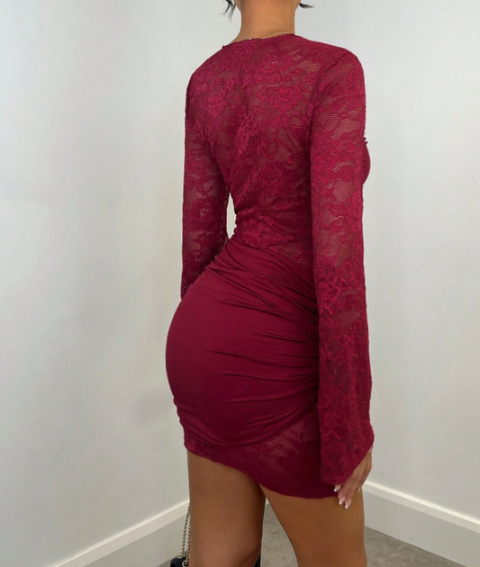 Herbst/Winter sexy burgunderrotes transparentes Spitzen-Langarm-Schleifenkleid mit Schleife