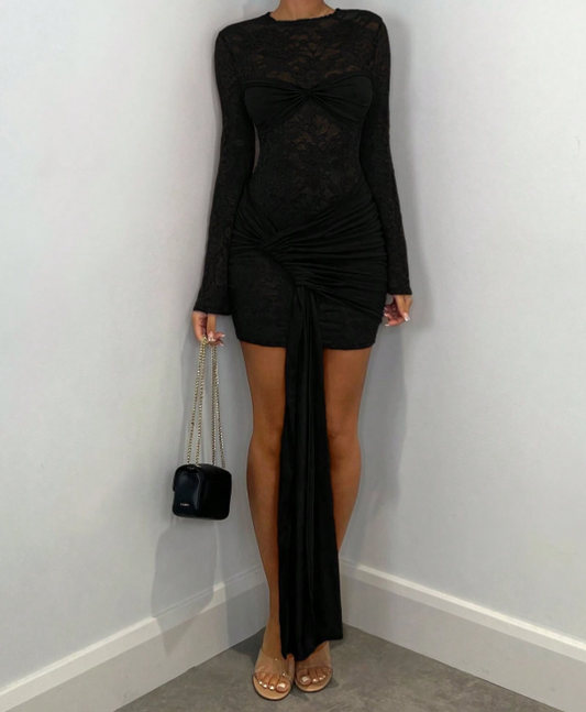 Herbst/Winter sexy schwarzes transparentes Spitzen-Langarm-Schleifenkleid mit Schleife