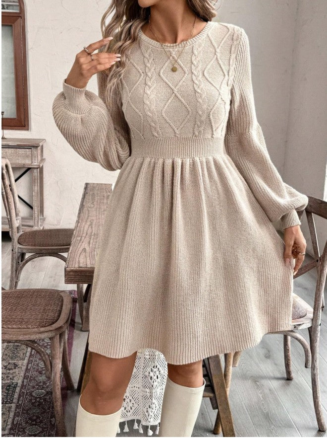 Damen A-Linie Tailliertes Rundhals Langarm Strickkleid