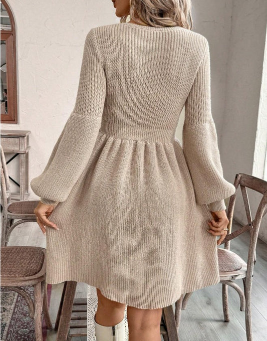 Damen A-Linie Tailliertes Rundhals Langarm Strickkleid