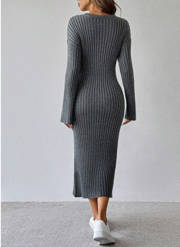 Einfarbig lang Arm Rundhals anliegendes lässiges Sweaterkleid